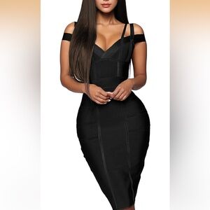Hybrid & company Black V-Neck Bodycon Midi Dress